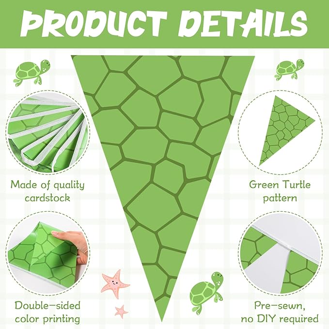 Tiamon 5 Pcs Green Turtle Birthday Banner Decoration Sea Turtle Themed Pennant Bunting 49.2 Ft Green Teenage Mutant Turtles Triangle Flag for Kids Birthday Teenager Cartoon Party Decoration