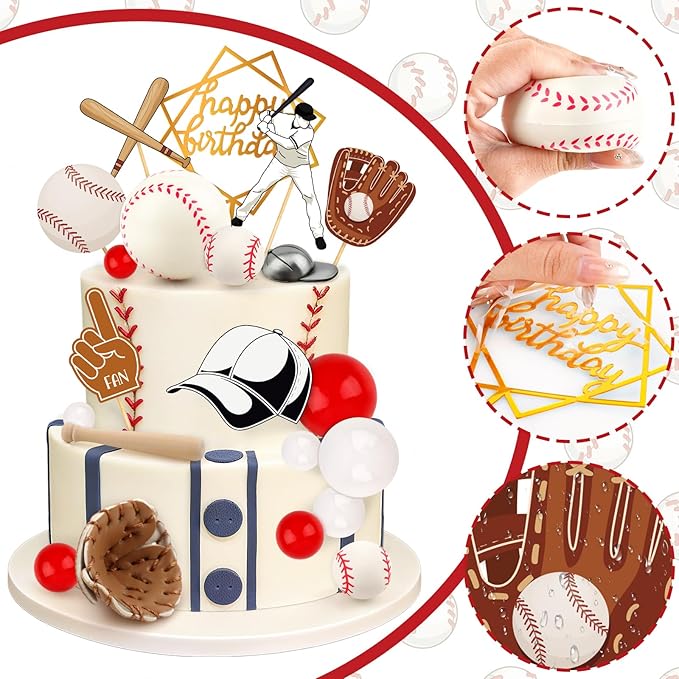 Hooqict 23Pcs Baseball Cake Decorations Set with Mini Baseballs, Player, Caps, Gloves, Bats, Happy Birthday Cake Toppers & Cupcake Toppers for Sports Theme Birthday Party Decor Supplies