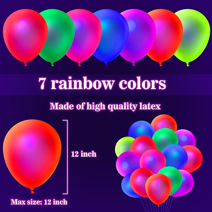 110 Pcs UV Neon Balloons, 7 Colors Blacklight Reactive Fluorescent Balloons Glow in the Dark Birthday Decorations for Birthday, Wedding, Neon Party, Glow Party Decorations Supplies