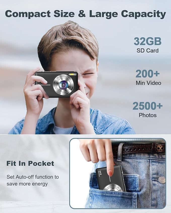 Digital Camera, FHD 1080P Kids Camera, 44MP Point and Shoot Digital Cameras with 32GB Card, 16X Digital Zoom, Anti Shake, Compact Small Cameras for Boys Girls Teens Students, Black