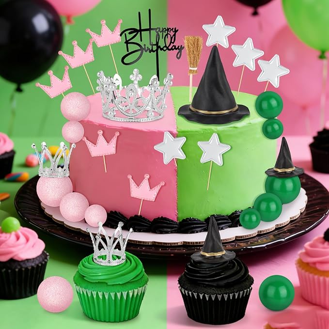 Hooqict 30 Pieces Pink and Green Cake Decorations with Mini Black Witch Hat, Silver Crown, Broom, Happy Birthday Cake Topper for Girls Women Princess Witch Birthday Party Decorations Supplies