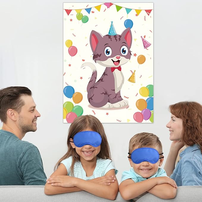 Morcheiong Pin The Tail on The Cat Birthday Party Game with 48 Hats, Cat Themed Birthday Party Favors Supplies Decorations for Kids