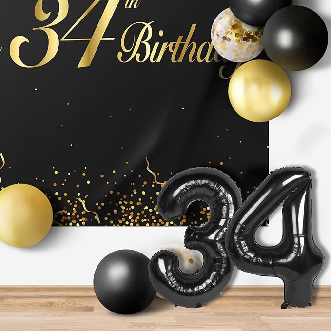 Happy 34th Birthday Balloons Black Set Decor - Cheers to 34 Years Old Party Theme Garland Banner Backdrop Decorations For Women and Men Supplies
