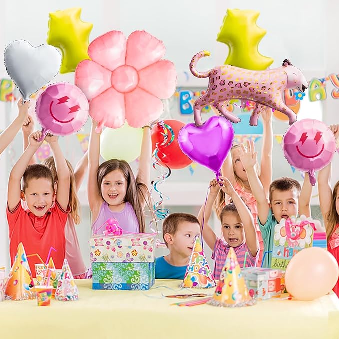 8PCS 18 Inch Smile Party Helium Balloons Pink Leopard Heart Smile Face Preepy Theme Birthday Party Decorations Yellow Lightning Balloons for Wedding Decor Event Supplies