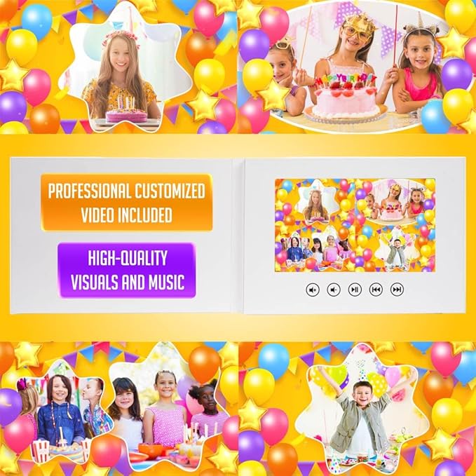 Video Greeting Card for Kids – Personalized Birthday Slideshow – Upload Photos – 7” Digital Display, 4GB Memory, USB Rechargeable, Full Color LCD Screen