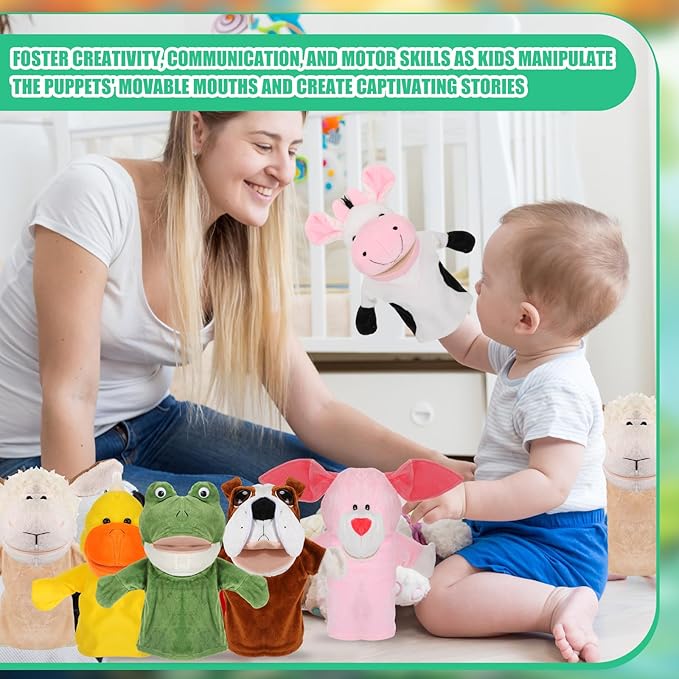 6 Pcs Hand Puppets Animal Hand Puppet with Working Mouth 9.8 Inch Soft Christmas Plush Toy for Toddler Kids Storytelling Teaching Preschool Show Theater Birthday Xmas Gifts(Farm Animals)