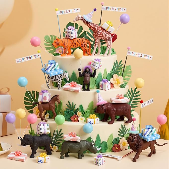 Weysat 37 Pcs Jungle Animal Birthday Party Decorations, Safari Animal Cake Toppers with Mini Hats Miniature Flags Gift Boxes Balls Figure Models for Wild Animals Birthday Party Supplies for Adults