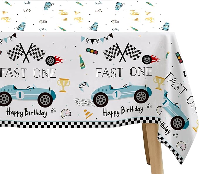 Fast One Birthday Decorations for Boys Tablecloth - Blue Race Car 1st Birthday Party Supplies Table Covers for Racing Car First | 3 Pack (54in x 108in)