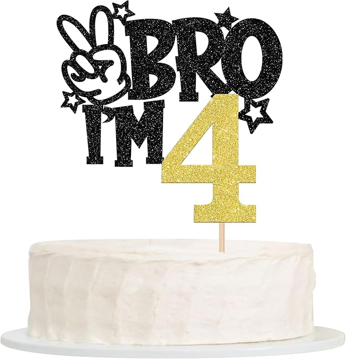 1 PCS Brother I'm 4 Cake Topper Glitter Star Happy 4th Birthday Cake Pick Bro I'm 4 Cake Decoration It's My 4th Birthday Decorations for Boys Cheers to 4 Years Old Birthday Party Supplies Gold