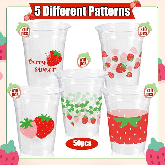 50Pcs Strawberry Party Decoration Cups, 12 OZ Disposable Plastic Strawberry Cups for Berry First Birthday Party Decor Supplies