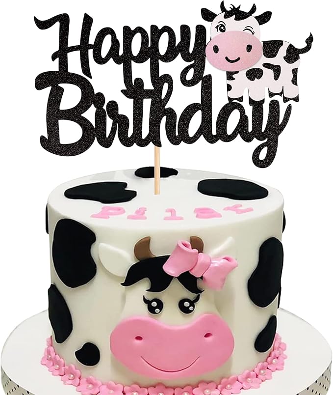 1 PCS Cow Happy Birthday Cake Topper Glitter Farm Animals Birthday Cow Cake Pick Decorations for Cow Theme Baby Shower Kids Boys Girls 1st Birthday Party Cake Decorations Supplies