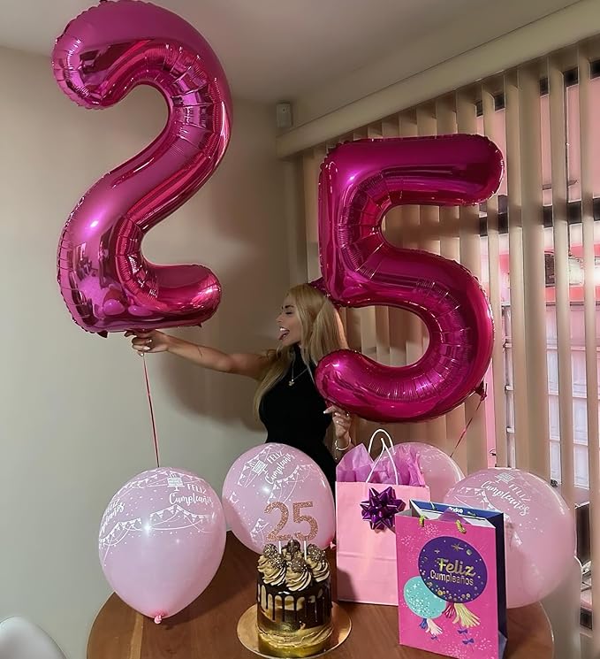 Hot Pink Number 25 Balloons 40 inch, 25 Number Balloons, 25th Birthday Decorations, 25 Year Old Women Hot Pink Party Supplies