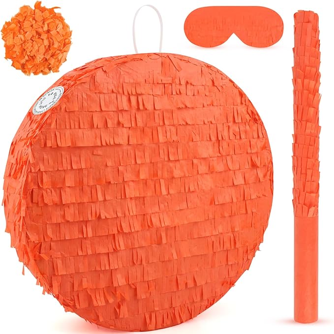 Orange Round Pinata with Stick Blindfold and Confetti DIY Blank Pinata for Adults Kids Birthday Party Supplies Carnivals Thanksgiving Decorations