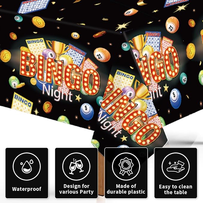 Grencian 3Pcs Bingo Tablecloth Bingo Night Table Cover Plastic Rectangle Black Game Night Table Cloth Party Decorations for Adult Boys Girls Family Game Birthday Bin-go Theme Party Supplies 54" x 108"