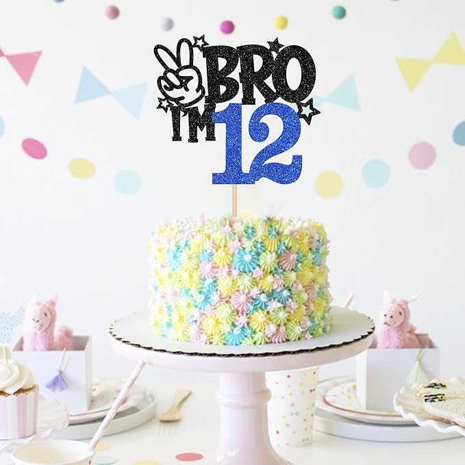 1 PCS Brother I'm 12 Cake Topper Glitter Star Happy 12th Birthday Cake Pick Bro I'm 12 Cake Decoration It's My 12th Birthday Decorations for Boys Cheers to 12 Years Old Birthday Party Supplies Blue