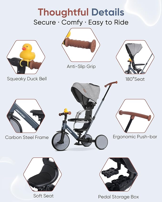 8-in-1 Tricycle for 1.5-5 Years, Tool-Free Switch, Toddler Tricycle with Parent Steering Control Handle for 1.5 to 5 Yrs, Toddler Trike 1.5-3 Years with 5-Point Harness and Large Canopy, Grey