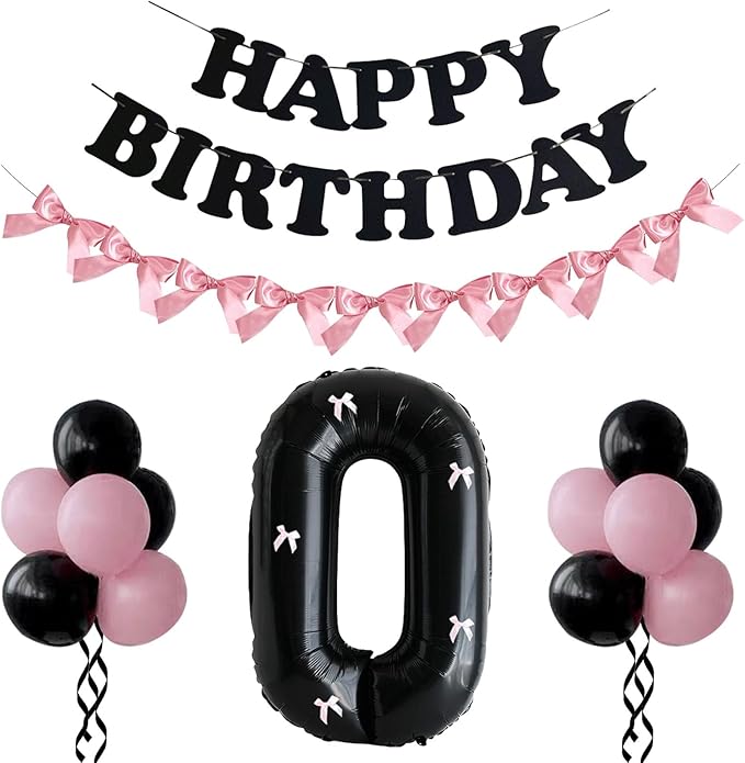 PLAP Birthday Number Balloon Bow Black Party Supplies 32 "Birthday Number Decoration (Pink black number set 0)