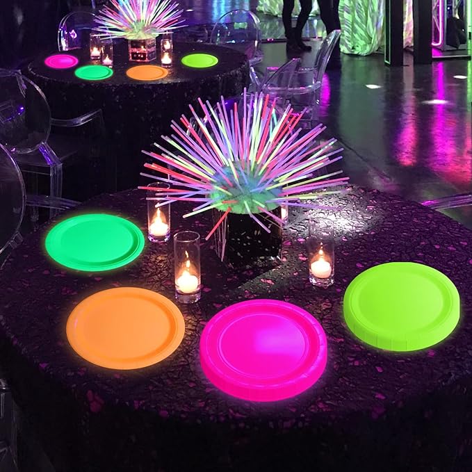 80 PCS Glow In The Dark Plates Neon Party Decorations, 4 Colors Neon Paper Plates Birthday for Glow Birthday Supplies Let's Glow Party Decorations, 9 Inch (80)