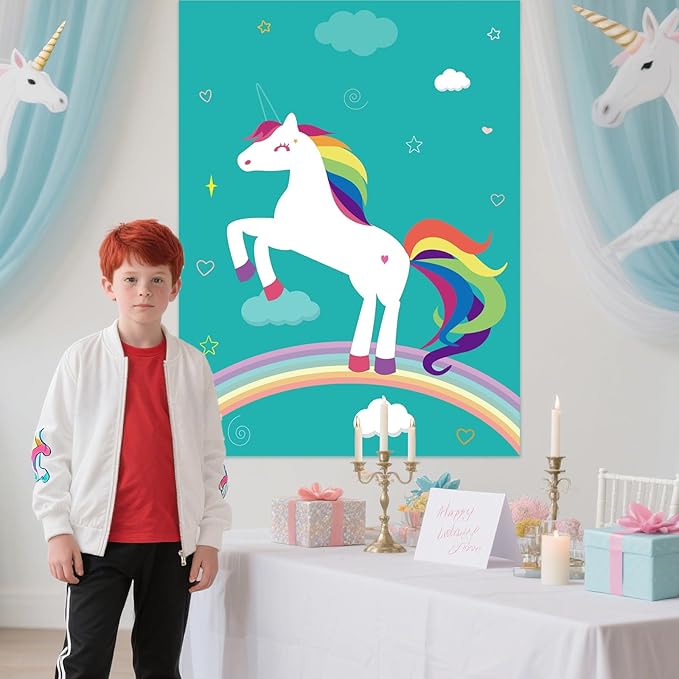 PLULON Pin The Horn On The Unicorn for Kids Birthday Party Game, Unicorn Party Supplies Favors Girls Birthday Decorations Poster Home Family Wall Decorations for Girl Boy Classroom Activities