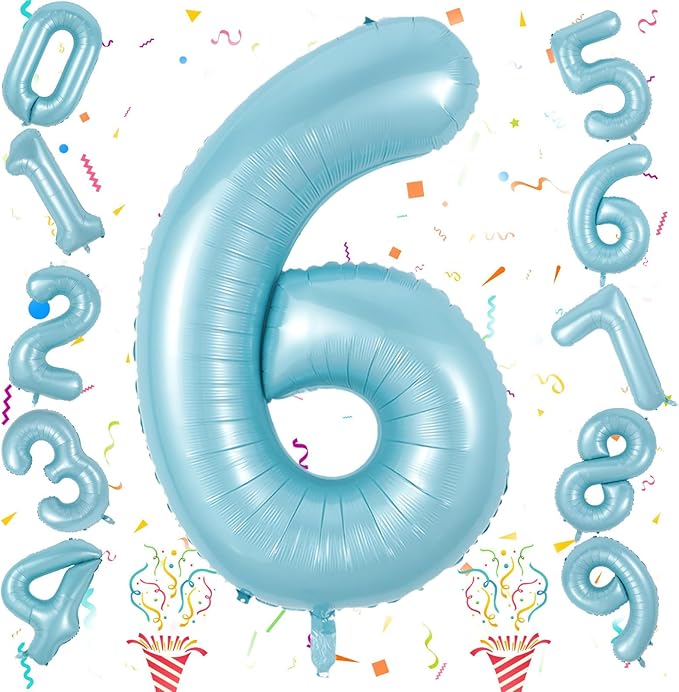 Light Blue Number 6 Balloon for Kids 6th Birthday, 40 Inch Large Pearl Baby Blue Number Foil Balloon, Mylar Self Inflating Helium 6 Balloon for Boys Men Birthday Party Anniversary Decorations Supplies