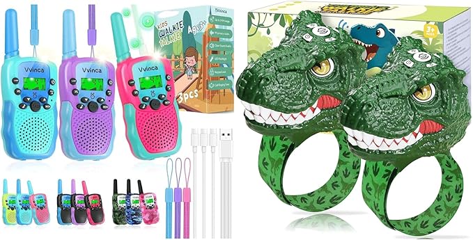 Vvinca Walkie Talkies for Kids 2-Pack Dinosaur Toy with Wrist Strap & 3-Pack Rechargeable Long Range Walkie-Talkies with Flashlight, Gift for Boys Girls Age 3-12 Outdoor Camping Toys