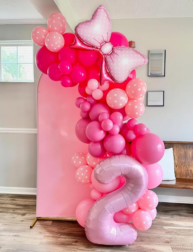 Pink Mouse Balloon Garland Arch Kit – 124 Pcs Hot Pink, Pastel and Polka Dot Balloons with Bow, Mouse Themed Girl Birthday Baby Shower Party Decor