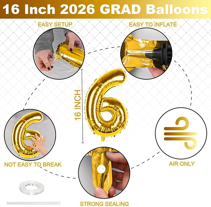 2026 Congrats Grad Balloons, 16 Inch Metallic Gold 2026 GRAD Foil Balloons Banner Sign for Graduation Decorations 2026, College High School Class of 2026 Graduate Congratulations Party Decor Supplies