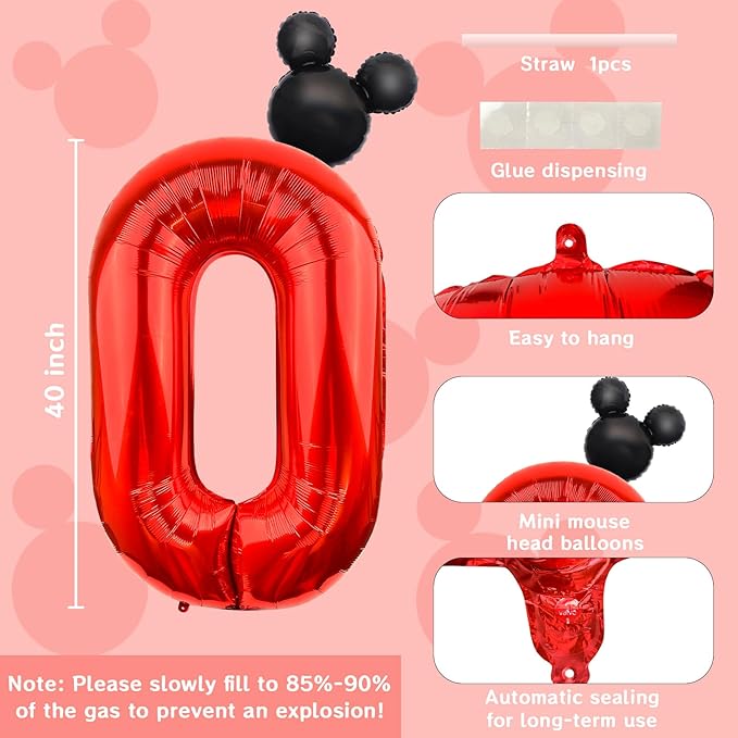 Mouse Number 0 Balloon 40 Inch Red Number 0 Balloon Mini Mouse Head Balloon Black Red Large Numeral Zero Balloon for Mouse Clubhouse Birthday Baby Shower