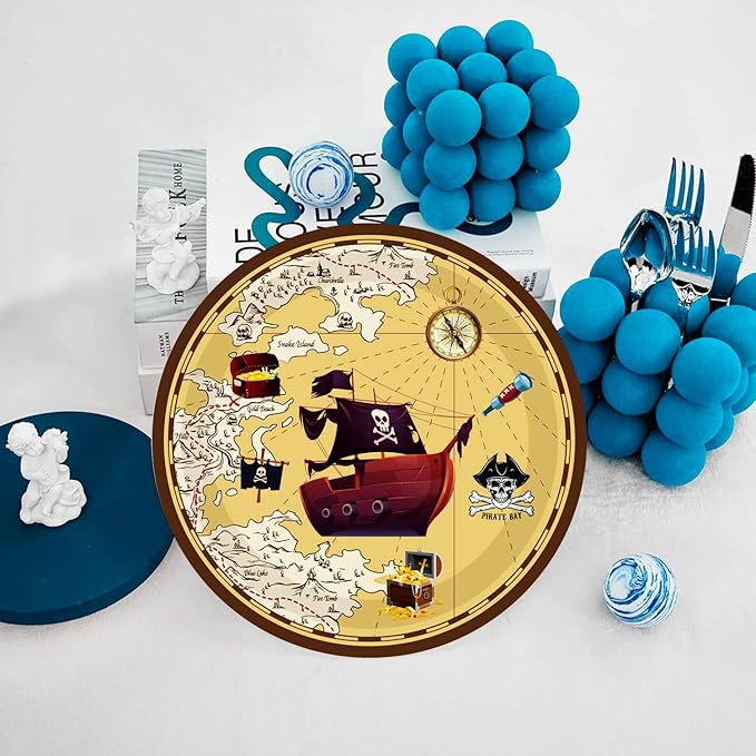 50Pcs Pirate Party Supplies - 7" Nautical Paper Plates, Skull Treasure Map Design, for Pirate Treasure Theme Birthday Party Decoration