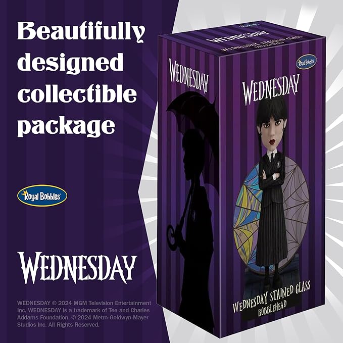 Royal Bobbles Wednesday Addams with Nevermore Academy Stained Glass Window – 6.75 Inches Tall – Collectible Bobblehead Statue