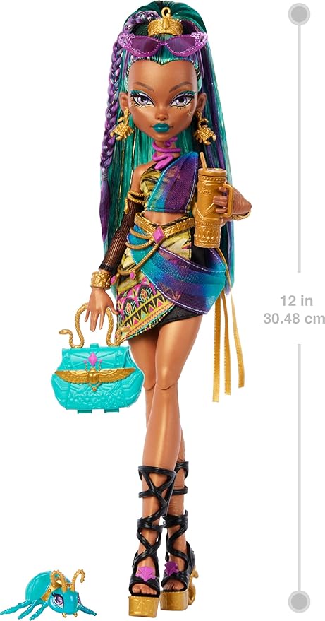 Monster High Nefera De Nile Doll, Royal Mummy in Dress with Pet Scarab Lavish and 7 Accessories Like Purse, Laptop, Sunglasses, Drink and Snacks
