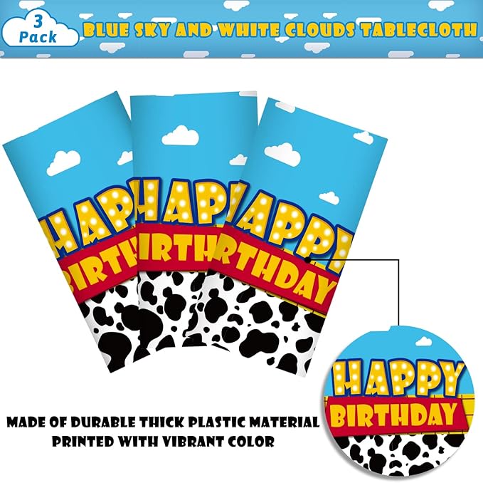 3 Pack Cartoon Story Birthday Party Supplies Cow Pattern Printed Table Cover Blue Sky and White Cloud Tablecloths Cow Birthday Party Decoration for Boy Girl Kid Birthday Party Decor 54 x 108 inch