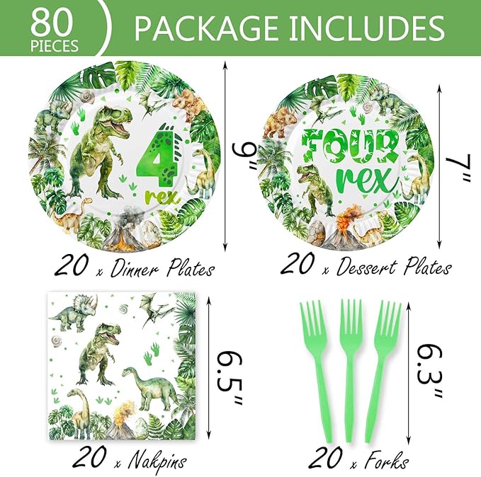 80 Pcs Watercolor Dinosaur 4th Birthday Party Supplies Roar I'm Four Birthday Tableware Includes Plates, Forks, Napkins for Boys 4 Rex Dinosaur Four Year Old Birthday Party Decorations Favors