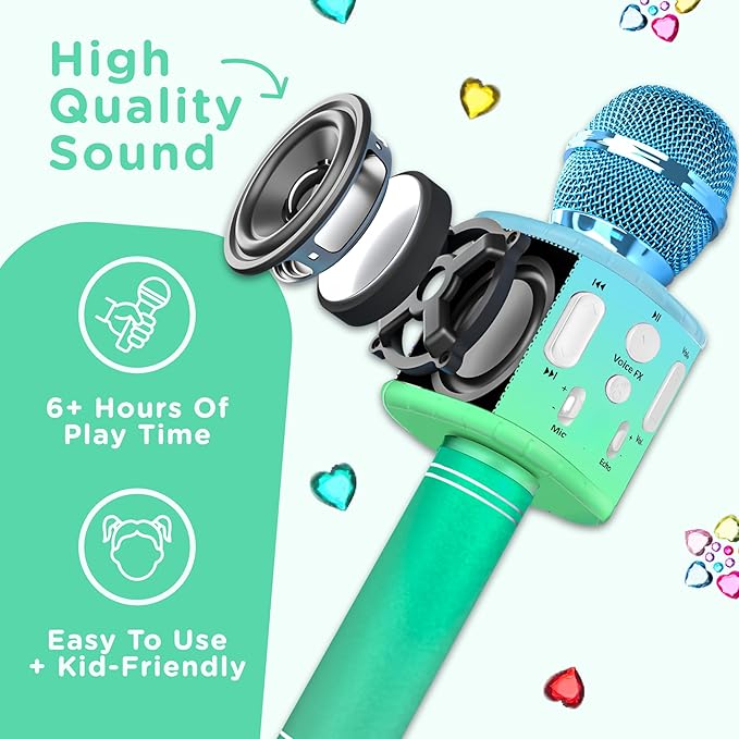 Move2Play, Kids Karaoke Microphone | Includes Stickers & Bluetooth | Kids Birthday Gift | Toy for All Ages 2, 3, 4, 5, 6+ Year Old Girls, Boys & Toddlers (Blue/Green)