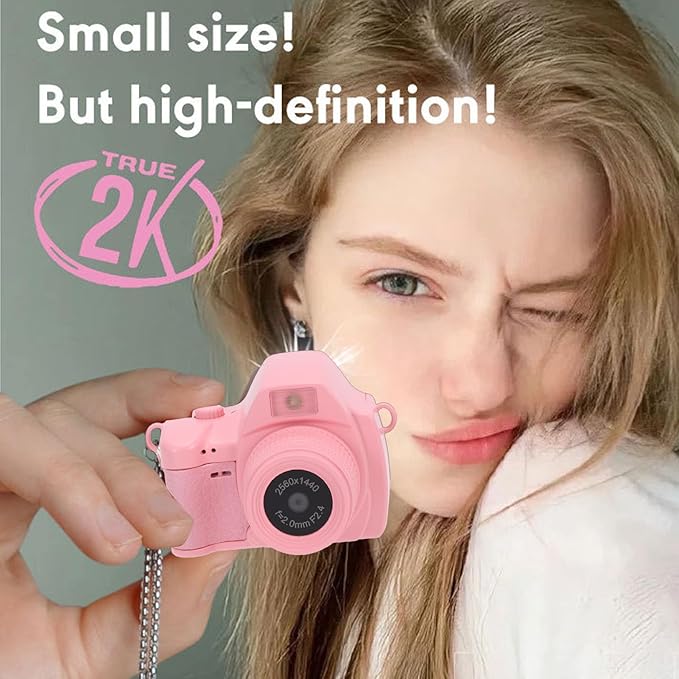 Bewinner 2K Digital Camera, Retro Keychain Camera with 1.47 Inch LCD Display and LED Light for Teens Students Travel (Pink)