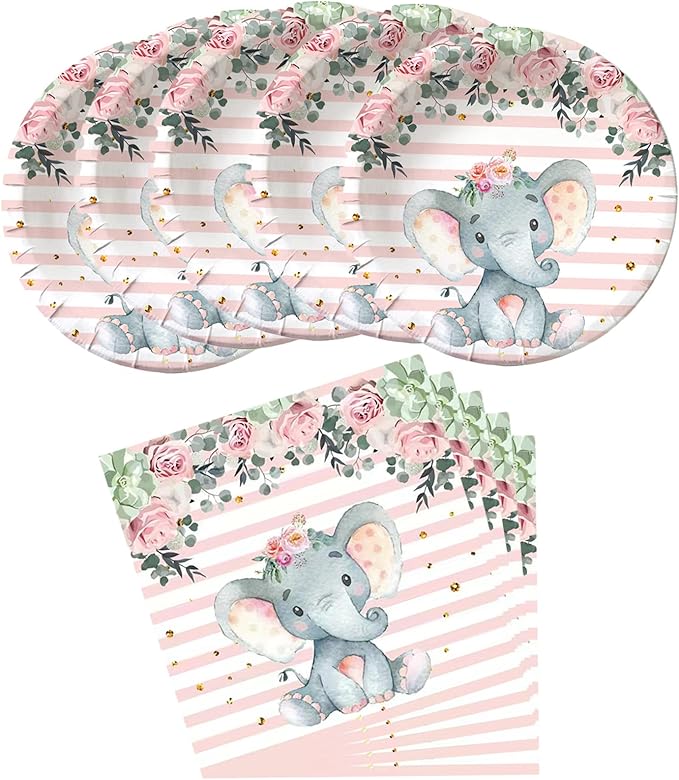 Elephant Baby Shower, Pink Elephant Birthday Party Supplies, 20 Plates and 20 Napkins, Elephant Theme Birthday Party Decoration for Girl