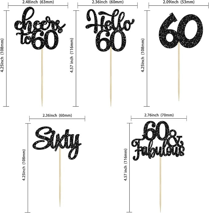 30pcs Happy 60th Birthday Cupcake Toppers - Black Glitter Sixty Cake Toppers - Cheers to 60 Years Old Cupcake Picks for Anniversary Party Cake Decorations