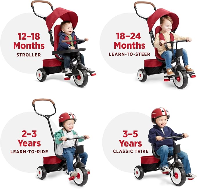Radio Flyer City 4-in-1 Stroll 'N Trike, Red, for Riders 1-5 Years Old, 4 Riding Modes, 3 Point Harness with Comfort Pad, Parent Controlled Steering, Rear Storage, Stroller Tricycle for Toddlers