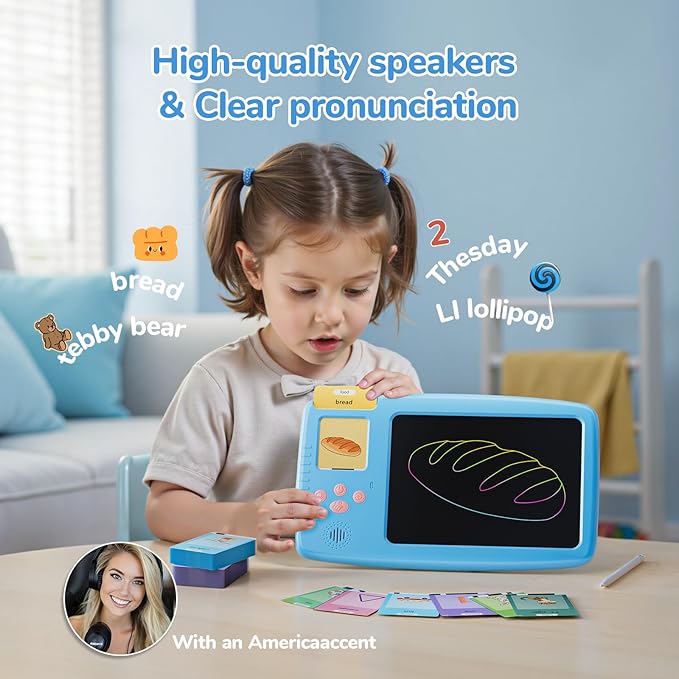 Talking Flash Cards for Toddlers - 2-in-1 LCD Writing Tablet Kids - Montessori Language Learning with 510 Words - Autism & Speech Therapy Toys for Children Gifts, Blue