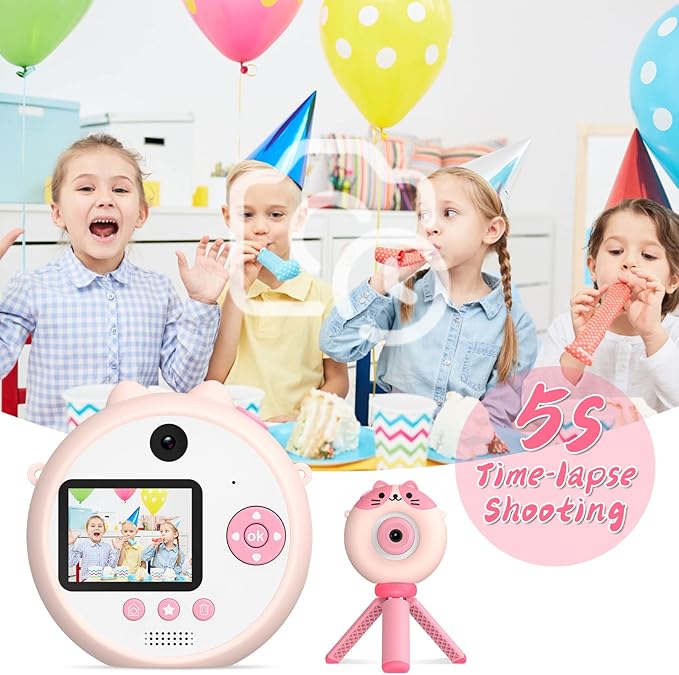 Kids Camera with Tripod, Digital Camera for Kids Aged 3-12, HD Kids Digital Camera with 1080P Video Recording, Durable ABS Material, Toys Camera for Boys Girls with 32GB Card(Pink)