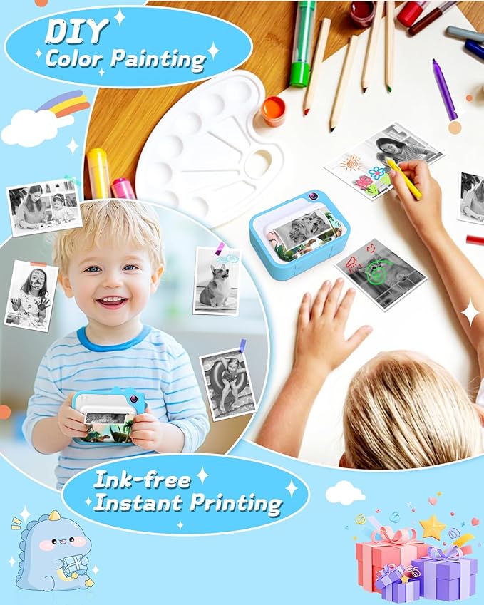 Kids Instant Print Camera 1080p for Ages 3-12 - Ink Free Printing Dinosaur Toddler Camera, Christmas Birthday Gifts for Boys Girls 3-12 Years Old (Blue)