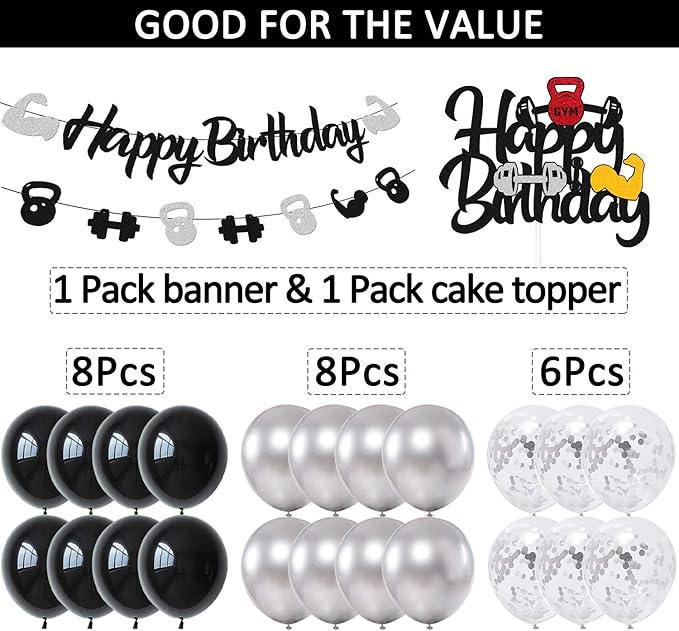 Gym Birthday Decorations Weightlifting Happy Birthday Banner Cake Topper Black Gray Latex Balloons for Gym Weight Lifting Cross Fit Fitness Themed Bday Party Supplies