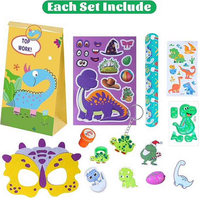 12 Pack Dinosaur Party Favors Gift Bags - Dinosaur Birthday Party Supplies for Kids with 12 Masks, 12 Dinosaur Eggs, 12 Keychains, 12 Snap Bracelets, Dinosaur Stickers for Kids Party