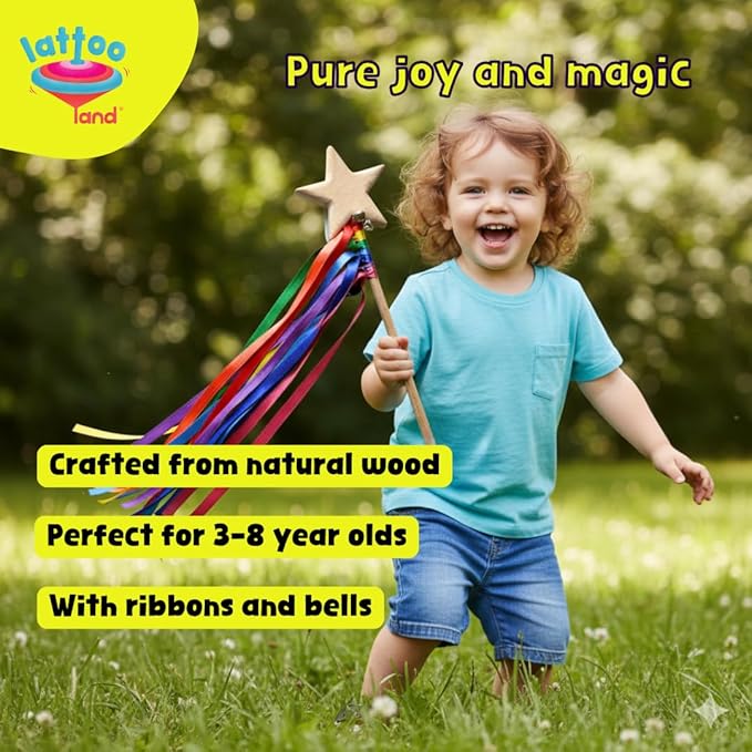 Wooden Wand for Kids with Ribbons and Bells | Wizard Fairy Princess Wand Toy | Handcrafted Magic Wand for Pretend Play & Costumes | Sensory Educational Montessori| Eco-Friendly Gift