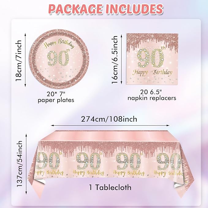 41PCS Women 90th Birthday Party Decorations Supplies Rose Gold Ninety Year Old Birthday Disposable Tableware Include Plates Napkins Tablecloth For Women Serves 20