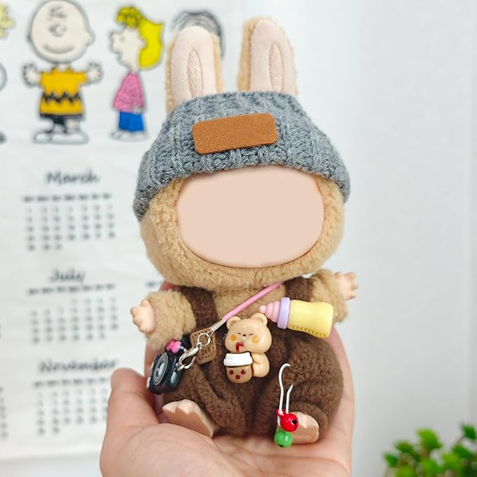17cm Doll Clothes Set - Brown Feeding Bottle Overalls + Grey Sweater Hat + Black Cartoon Camera