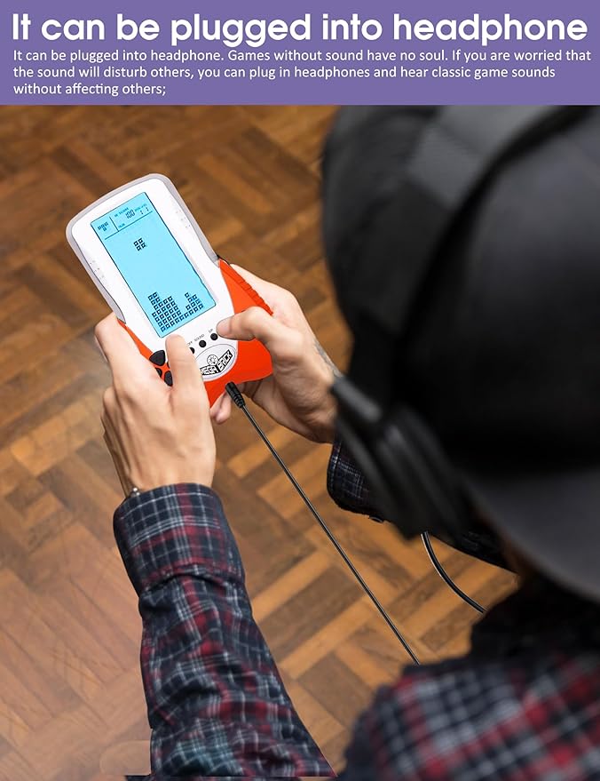 Retro Block Brick Game Console Large Screen Blue Backlight Brightness can be Adjusted Build in 23 Game Compatible with Lithium Battery/AAA Batteries can Plug in Headphone Christmas GIF(Orange)