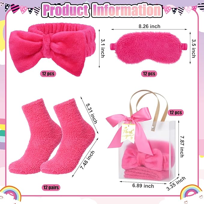 48 Pcs Spa Sleepover Party Supplies 12 Bow Headband 12 Plush Sleep Eye Mask Covers 12 Pair Fuzzy Sock 12 Gift Bags for Sleeping Sleepover Slumber Baby Shower Wedding Party Gift(Rose Red)