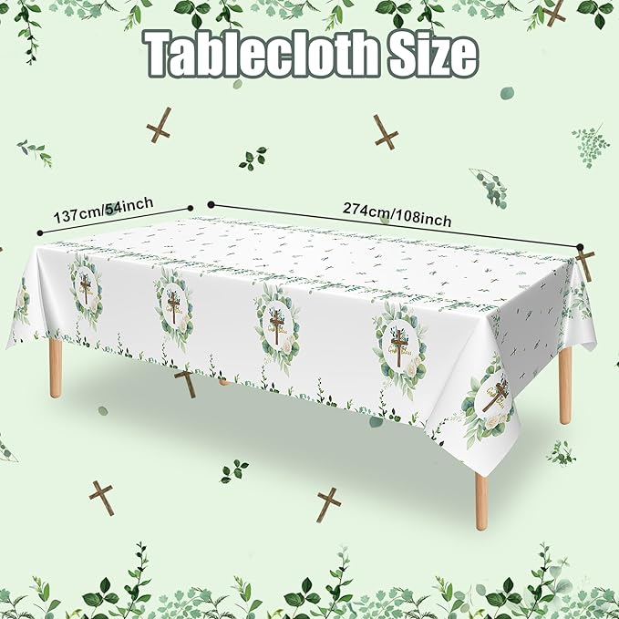 3Pcs God Bless Baptism Tablecloth, 54 x 108 Inch Eucalyptus Leaf Cross Religious Table Cover, Sage Green Plastic Tablecloth for Baby Showers, First Communion Decorations