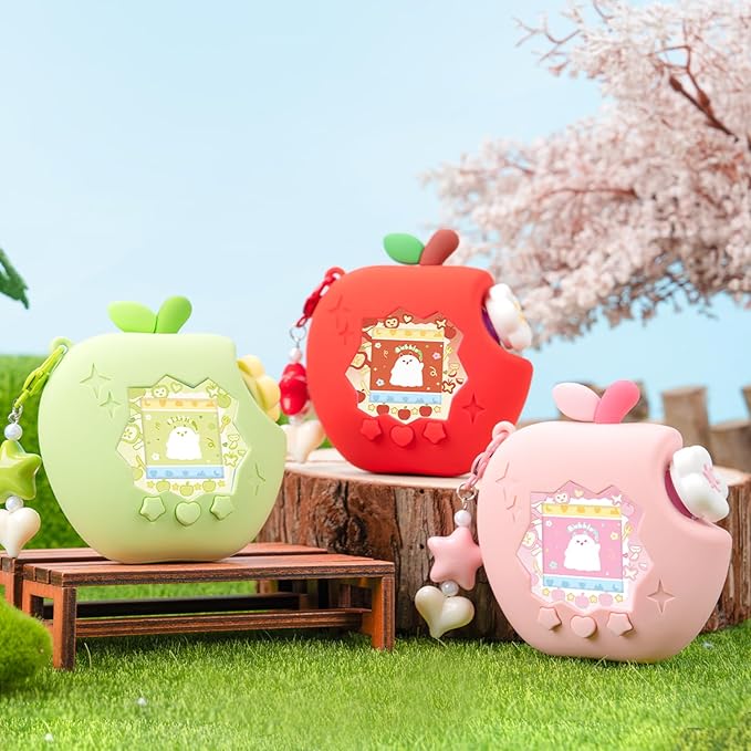 Apple Case for Tamagotchi Paradise, 4-iaradisen-1 Shockproof Silicone Protective Cover Kit with Faceplate, Flower Dial Cap & Charm, Kawaii Accessories for Girls & Adults (RED)